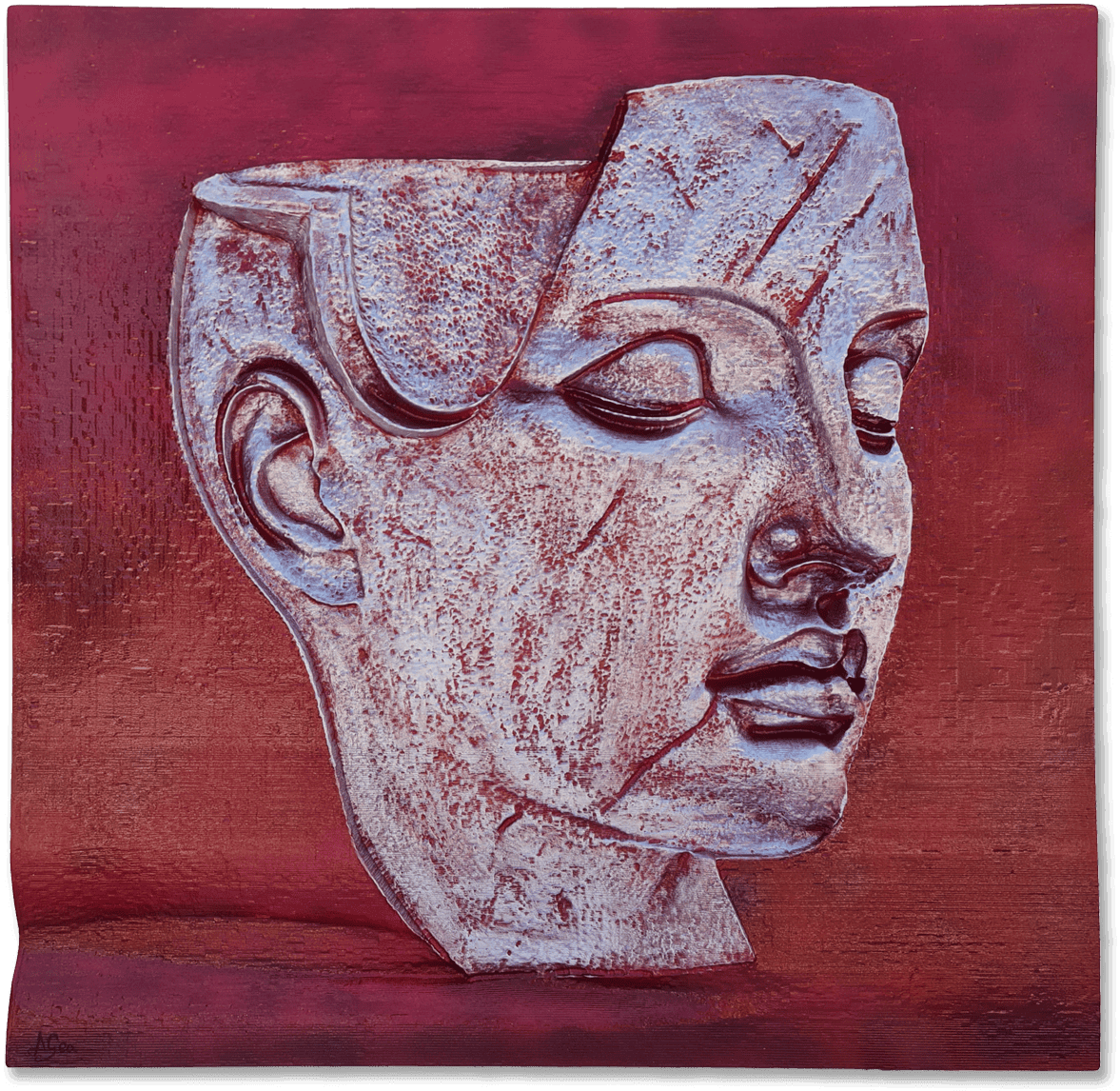 Escultura sobre la mente en blanco - esta escultura capta ese instante tan curioso en el que los pensamientos simplemente... se desvanecen. El rostro, tallado en una piedra pálida, parece sacado de algún mito antiguo. Pero aquí viene lo extraño: la parte superior izquierda está rota, casi como si alguien hubiese intentado asomarse a sus ideas y solo encontrara vacío. El fondo rojo intenso no pasa desapercibido; envuelve toda la pieza y hace que esa expresión -serena pero llena de misterios- destaque con fuerza. Es imposible no preguntarse qué historias calla o qué recuerdos olvidó justo antes de quedarse así... suspendido entre lo que fue y lo que podría ser.