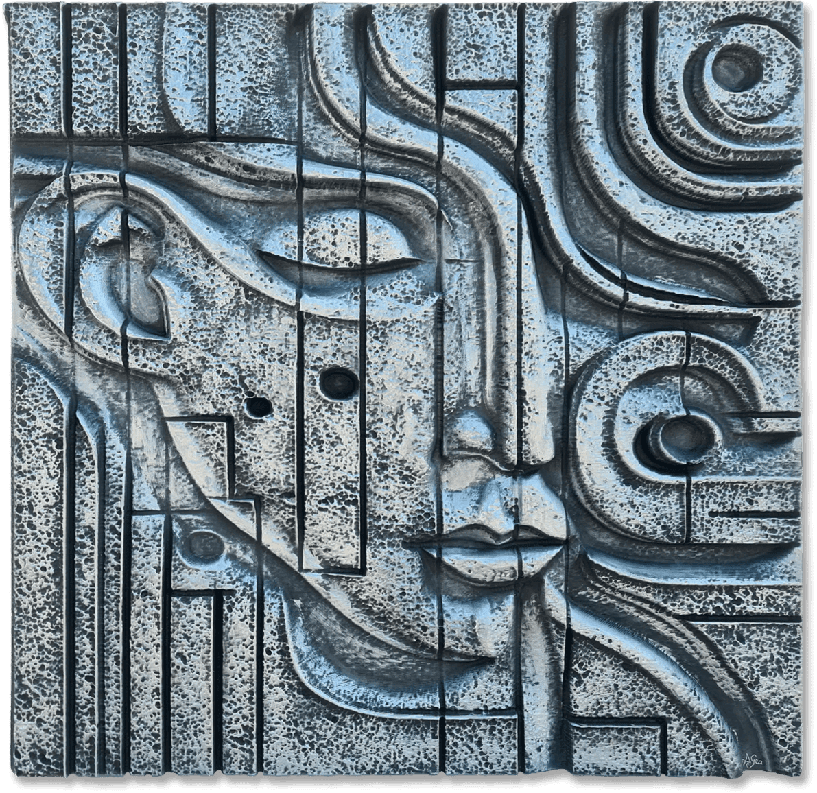 Vivencias - Este cuadro en relieve sobre las huellas de la vida de A. Gea realmente invita a detenerse un momento. Es una obra tridimensional donde asoma, en perfil, un rostro humano: casi puedes imaginar sus pensamientos flotando ahí, entre paneles grises y negros llenos de textura. Las líneas curvas serpentean como los caminos que tomamos cada día-algunas suaves, otras inesperadas-y pequeños puntos azul grisáceo salpican la pieza, igual que las emociones intensas que se cuelan sin aviso en nuestra rutina. Cada detalle parece contar su propia historia; de hecho, mirarlo es como hojear el diario secreto de la vida misma.