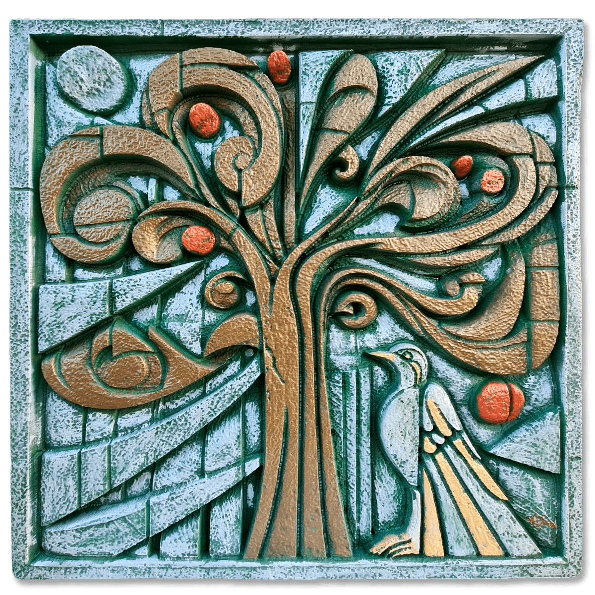 Árbol de la vida - Esta escultura contemporánea sobre el ciclo de la vida y la conexión natural parece latir por sí sola. Sus ramas se curvan como si abrazaran el aire, mientras los frutos naranjas cuelgan llenos de energía. Y justo ahí, un ave observa todo, tranquila pero despierta. El fondo no es cualquier cosa: aparecen patrones geométricos en verdes profundos, marrones terrosos y destellos naranjas que evocan la calidez de una tarde soleada en el bosque. Es perfecta para quienes sienten esa chispa especial frente al arte nacido de la naturaleza; para los que creen, en serio, que todo está conectado aunque a veces no lo veamos.