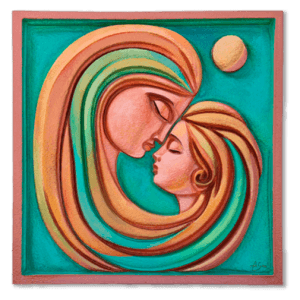 arte contemporáneo madre e hija. Alma Reflejada es una escultura contemporánea que, la verdad, toca fibras sensibles. Muestra a una madre y su hija-sus rostros tan cerca que apenas hay aire entre ellos-, frentes juntas en un gesto cálido y sincero. Lo curioso es cómo sus cabellos se funden; no sabes dónde termina uno y empieza el otro, como si fueran raíces compartiendo vida. Todo ocurre sobre un fondo turquesa vibrante, con un solecito amarillo insinuando alegría y esperanza. La pieza va mucho más allá de lo visual: captura esa conexión profunda que a veces solo existe entre madres e hijas; es casi como mirar el amor hacerse visible por un instante.