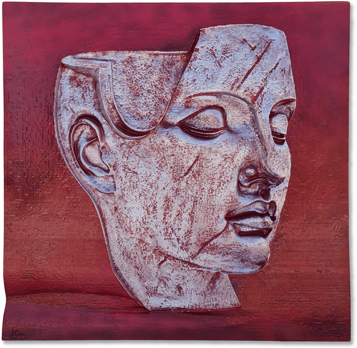 Escultura sobre la mente en blanco - esta escultura capta ese instante tan curioso en el que los pensamientos simplemente... se desvanecen. El rostro, tallado en una piedra pálida, parece sacado de algún mito antiguo. Pero aquí viene lo extraño: la parte superior izquierda está rota, casi como si alguien hubiese intentado asomarse a sus ideas y solo encontrara vacío. El fondo rojo intenso no pasa desapercibido; envuelve toda la pieza y hace que esa expresión -serena pero llena de misterios- destaque con fuerza. Es imposible no preguntarse qué historias calla o qué recuerdos olvidó justo antes de quedarse así... suspendido entre lo que fue y lo que podría ser.