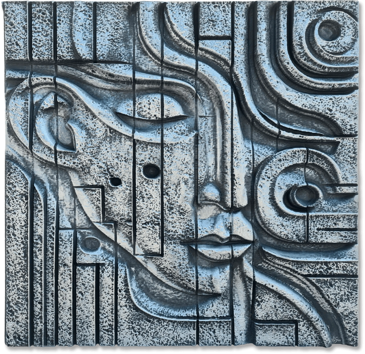 Vivencias - Este cuadro en relieve sobre las huellas de la vida de A. Gea realmente invita a detenerse un momento. Es una obra tridimensional donde asoma, en perfil, un rostro humano: casi puedes imaginar sus pensamientos flotando ahí, entre paneles grises y negros llenos de textura. Las líneas curvas serpentean como los caminos que tomamos cada día-algunas suaves, otras inesperadas-y pequeños puntos azul grisáceo salpican la pieza, igual que las emociones intensas que se cuelan sin aviso en nuestra rutina. Cada detalle parece contar su propia historia; de hecho, mirarlo es como hojear el diario secreto de la vida misma.