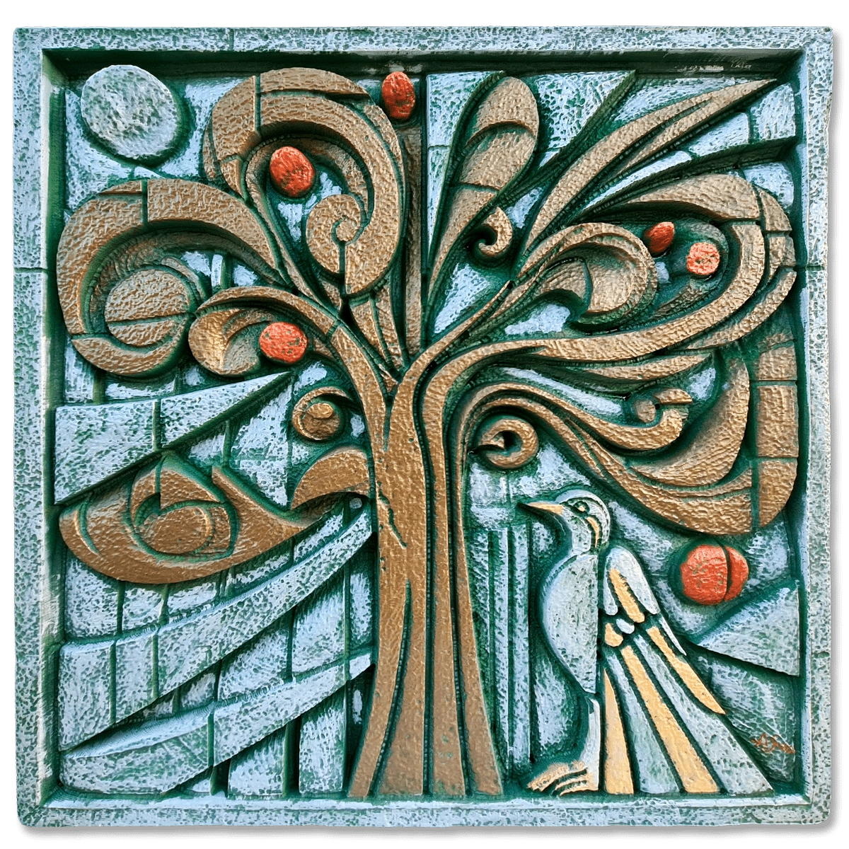 Árbol de la vida - Esta escultura contemporánea sobre el ciclo de la vida y la conexión natural parece latir por sí sola. Sus ramas se curvan como si abrazaran el aire, mientras los frutos naranjas cuelgan llenos de energía. Y justo ahí, un ave observa todo, tranquila pero despierta. El fondo no es cualquier cosa: aparecen patrones geométricos en verdes profundos, marrones terrosos y destellos naranjas que evocan la calidez de una tarde soleada en el bosque. Es perfecta para quienes sienten esa chispa especial frente al arte nacido de la naturaleza; para los que creen, en serio, que todo está conectado aunque a veces no lo veamos.