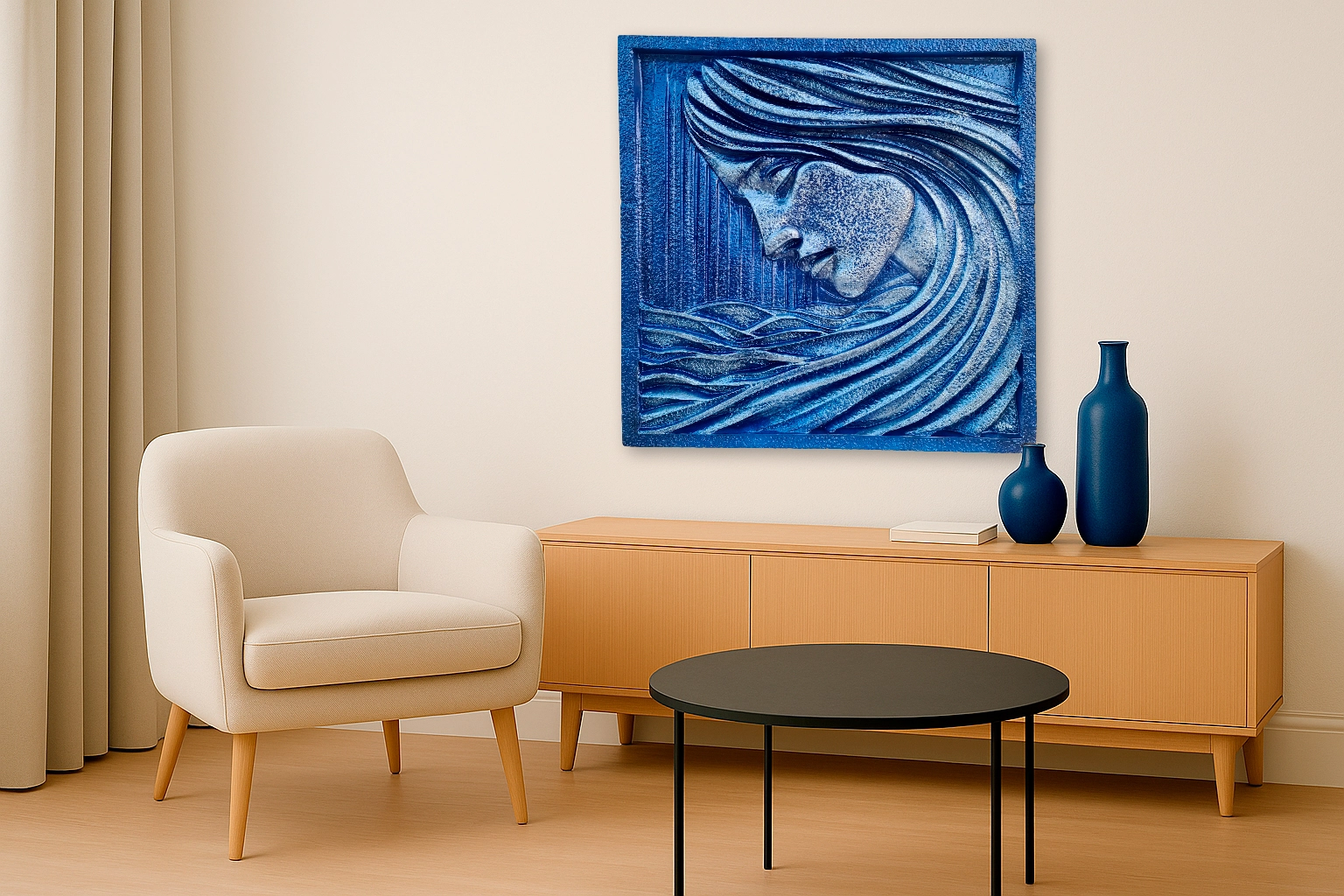 Una sala de estar moderna, cálida y con personalidad. Hay una butaca color crema que invita a relajarse, junto a una mesa baja negra, redonda, perfecta para dejar el libro de turno o el café humeante de la mañana. Sobre un aparador de madera clara-ese toque natural que siempre reconforta-descansa el ambiente. Y es que en la pared cuelga 