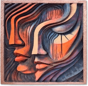 Pluralidad del Yo - Escultura mural sobre identidad y pertenencia: Hay dos rostros, sí, como si se buscaran en silencio; sus perfiles bailan juntos entre olas de naranja cálido y azul profundo. La superposición no es casual: ahí late algo, como cuando intentamos reconocer quiénes somos al mirarnos en el espejo después de un día complicado. Los gestos se mezclan y nace una especie de diálogo mudo que habla de lo difícil-y hermoso-a veces, que puede ser encontrarse a uno mismo. Todo vibra con una armonía inesperada, casi como si las emociones hubieran encontrado finalmente su lugar en medio del caos cotidiano.