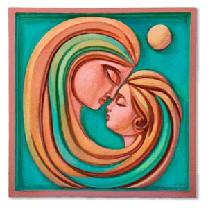 arte contemporáneo madre e hija. Alma Reflejada es una escultura contemporánea que, la verdad, toca fibras sensibles. Muestra a una madre y su hija-sus rostros tan cerca que apenas hay aire entre ellos-, frentes juntas en un gesto cálido y sincero. Lo curioso es cómo sus cabellos se funden; no sabes dónde termina uno y empieza el otro, como si fueran raíces compartiendo vida. Todo ocurre sobre un fondo turquesa vibrante, con un solecito amarillo insinuando alegría y esperanza. La pieza va mucho más allá de lo visual: captura esa conexión profunda que a veces solo existe entre madres e hijas; es casi como mirar el amor hacerse visible por un instante.