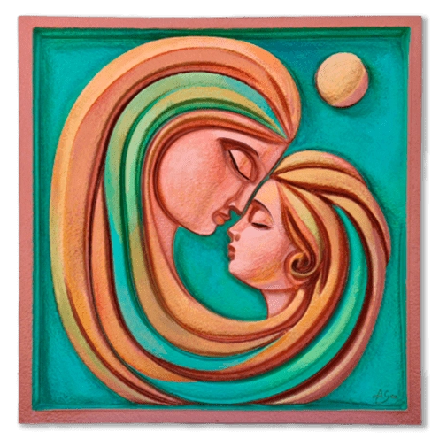 arte contemporáneo madre e hija. Alma Reflejada es una escultura contemporánea que, la verdad, toca fibras sensibles. Muestra a una madre y su hija-sus rostros tan cerca que apenas hay aire entre ellos-, frentes juntas en un gesto cálido y sincero. Lo curioso es cómo sus cabellos se funden; no sabes dónde termina uno y empieza el otro, como si fueran raíces compartiendo vida. Todo ocurre sobre un fondo turquesa vibrante, con un solecito amarillo insinuando alegría y esperanza. La pieza va mucho más allá de lo visual: captura esa conexión profunda que a veces solo existe entre madres e hijas; es casi como mirar el amor hacerse visible por un instante.