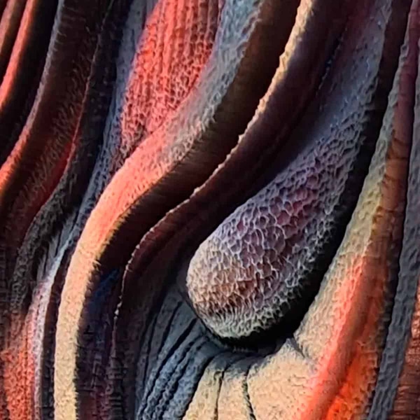 Un acercamiento a "Pluralidad del Yo": una escultura mural que casi parece palpitar. Sus crestas onduladas, en tonos rojos, naranjas y violetas intensos, sorprenden bajo la luz. Brillan aquí y allá como si guardaran secretos. La verdad es que cada trazo invita a tocarlo -¿a quién no le dan ganas?- mientras explora esa maraña de identidad y pertenencia. El arte contemporáneo se vuelve emoción pura en este relieve: hay algo hipnótico en las formas abstractas, como olas o cicatrices que cuentan historias distintas según quien las mire.