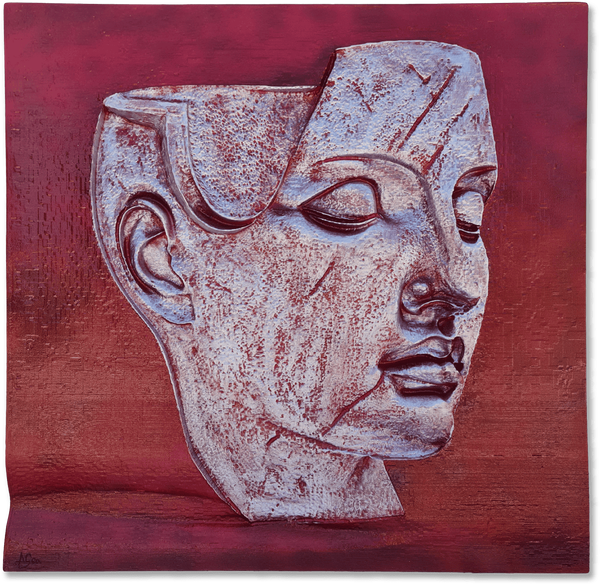 Escultura sobre la mente en blanco - esta escultura capta ese instante tan curioso en el que los pensamientos simplemente... se desvanecen. El rostro, tallado en una piedra pálida, parece sacado de algún mito antiguo. Pero aquí viene lo extraño: la parte superior izquierda está rota, casi como si alguien hubiese intentado asomarse a sus ideas y solo encontrara vacío. El fondo rojo intenso no pasa desapercibido; envuelve toda la pieza y hace que esa expresión -serena pero llena de misterios- destaque con fuerza. Es imposible no preguntarse qué historias calla o qué recuerdos olvidó justo antes de quedarse así... suspendido entre lo que fue y lo que podría ser.